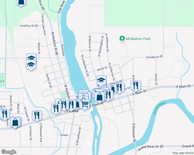map of restaurants, bars, coffee shops, grocery stores, and more near 403 North Monroe Street in Lowell