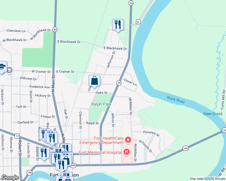 map of restaurants, bars, coffee shops, grocery stores, and more near 803 North High Street in Fort Atkinson