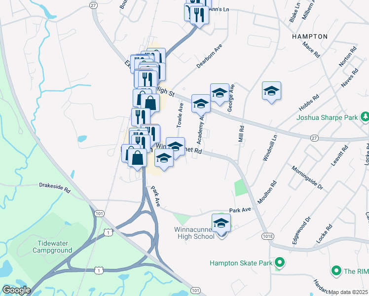 map of restaurants, bars, coffee shops, grocery stores, and more near 105 Winnacunnet Road in Hampton