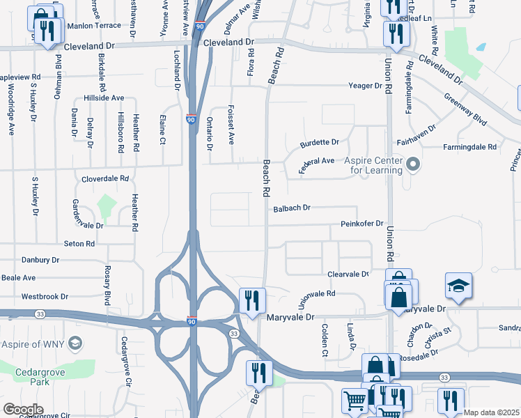 map of restaurants, bars, coffee shops, grocery stores, and more near 616 Beach Road in Buffalo