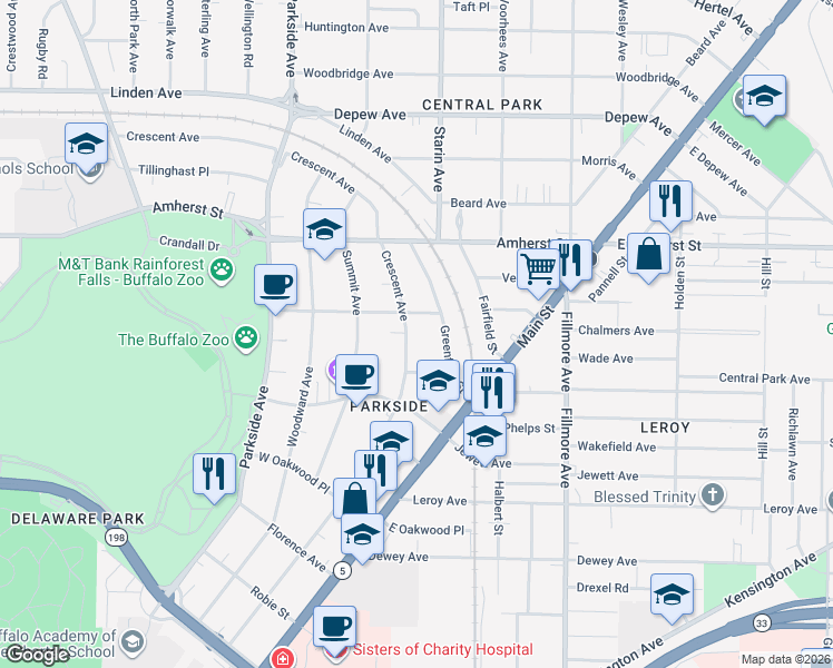 map of restaurants, bars, coffee shops, grocery stores, and more near 74 Greenfield Street in Buffalo