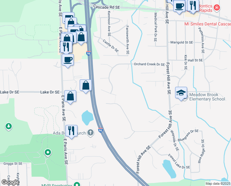 map of restaurants, bars, coffee shops, grocery stores, and more near 4295 Haralson Court Southeast in Grand Rapids
