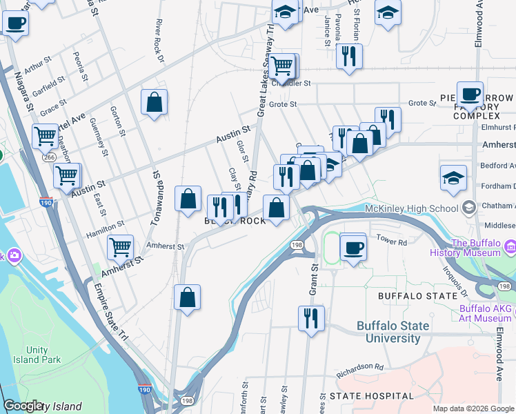 map of restaurants, bars, coffee shops, grocery stores, and more near 320 Amherst Street in Buffalo