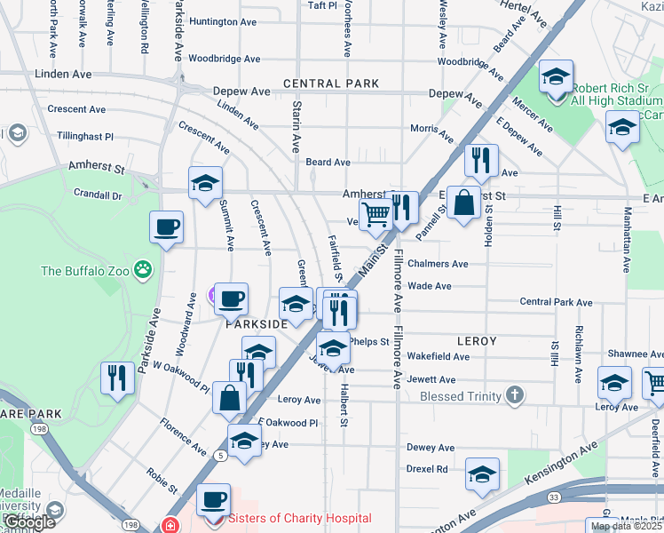 map of restaurants, bars, coffee shops, grocery stores, and more near 34 Fairfield Street in Buffalo