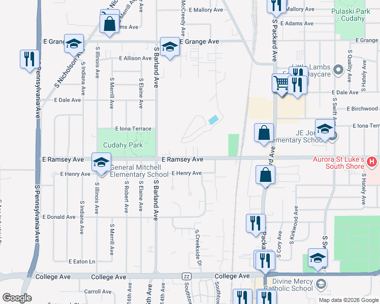map of restaurants, bars, coffee shops, grocery stores, and more near 3300 East Ramsey Avenue in Cudahy