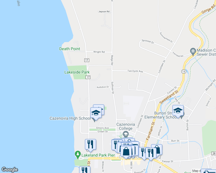 map of restaurants, bars, coffee shops, grocery stores, and more near 1 Audubon Drive in Cazenovia