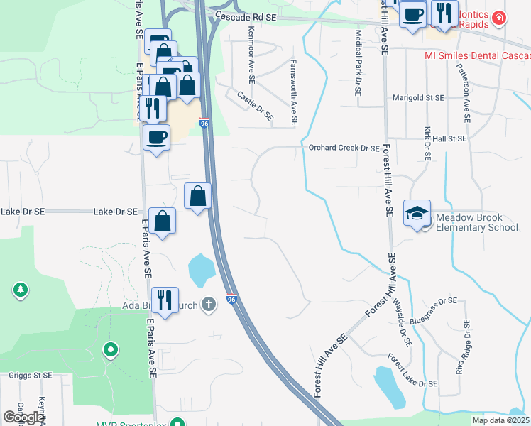 map of restaurants, bars, coffee shops, grocery stores, and more near 4295 Haralson Court Southeast in Grand Rapids