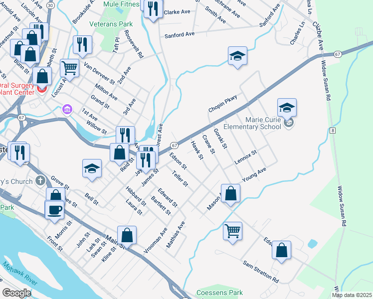 map of restaurants, bars, coffee shops, grocery stores, and more near 7 Wren St in Amsterdam