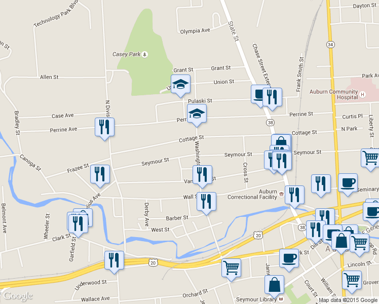 map of restaurants, bars, coffee shops, grocery stores, and more near 227 Seymour Street in Auburn