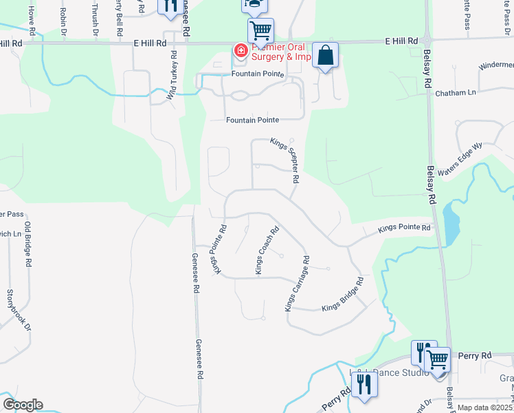 map of restaurants, bars, coffee shops, grocery stores, and more near 1217 Kings Carriage Road in Grand Blanc