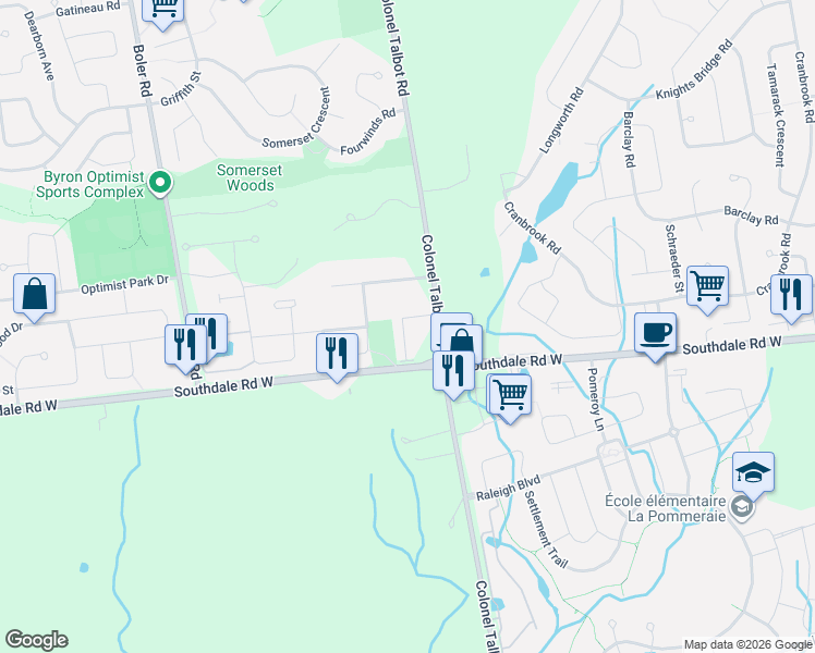 map of restaurants, bars, coffee shops, grocery stores, and more near 2615 Colonel Talbot Road in London