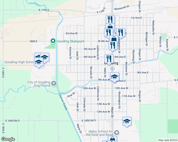 map of restaurants, bars, coffee shops, grocery stores, and more near 741 Nevada Street in Gooding