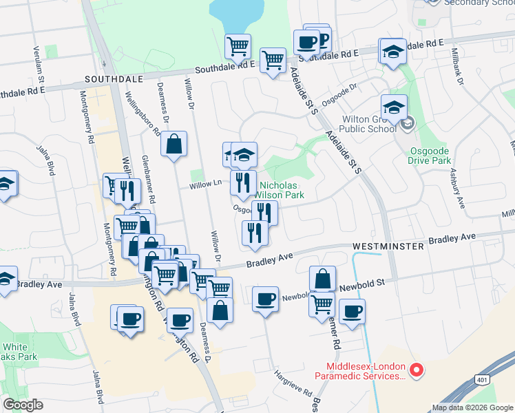 map of restaurants, bars, coffee shops, grocery stores, and more near in London