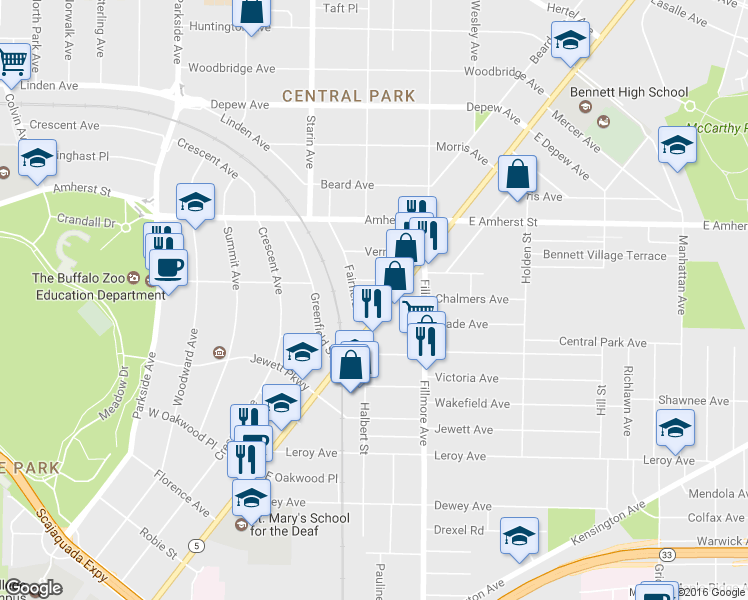 map of restaurants, bars, coffee shops, grocery stores, and more near 2540 Main Street in Buffalo