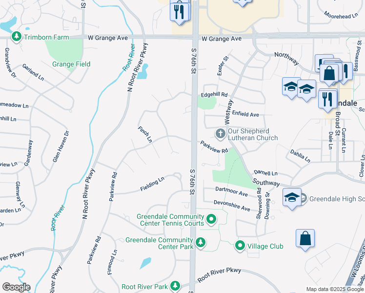 map of restaurants, bars, coffee shops, grocery stores, and more near 7711 Parkview Road in Greendale