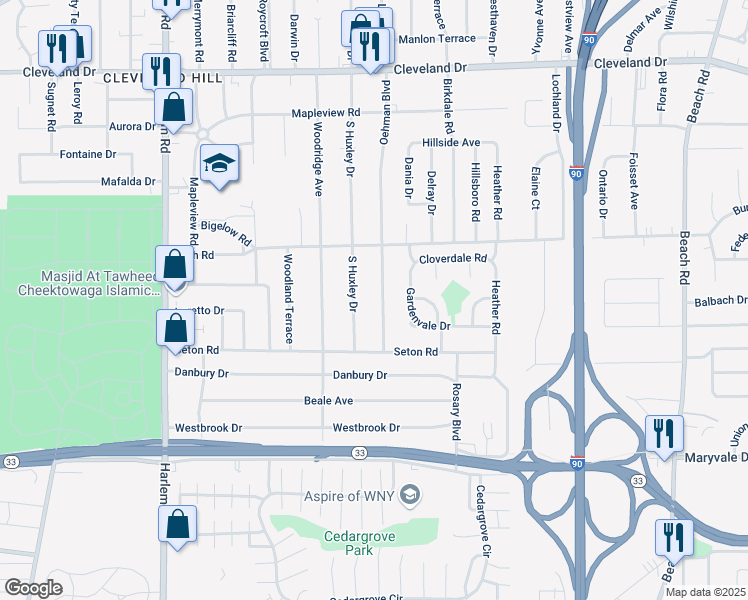 map of restaurants, bars, coffee shops, grocery stores, and more near 44 Oehman Boulevard in Buffalo