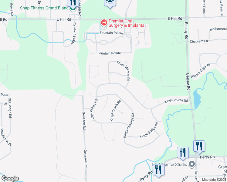 map of restaurants, bars, coffee shops, grocery stores, and more near 1217 Kings Carriage Road in Grand Blanc