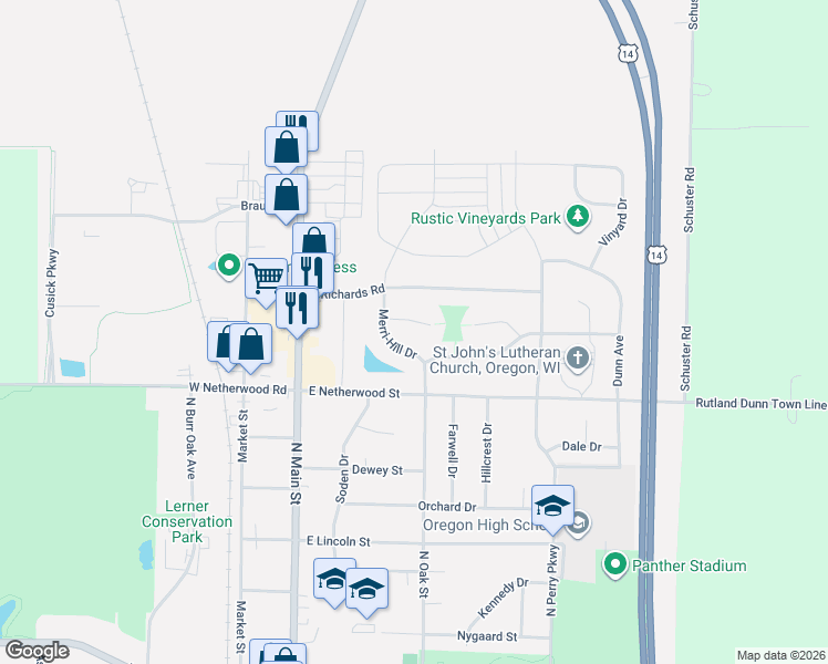 map of restaurants, bars, coffee shops, grocery stores, and more near 830 Merri-Hill Drive in Oregon