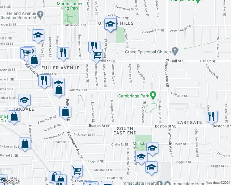 map of restaurants, bars, coffee shops, grocery stores, and more near 1405 Rossman Avenue Southeast in Grand Rapids