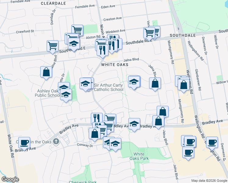 map of restaurants, bars, coffee shops, grocery stores, and more near 99 Muriel Crescent in London