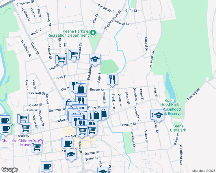map of restaurants, bars, coffee shops, grocery stores, and more near 64 Beaver Street in Keene