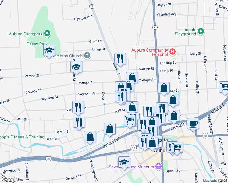 map of restaurants, bars, coffee shops, grocery stores, and more near 164 Seymour Street in Auburn