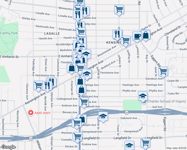 map of restaurants, bars, coffee shops, grocery stores, and more near 56 Davidson Avenue in Buffalo