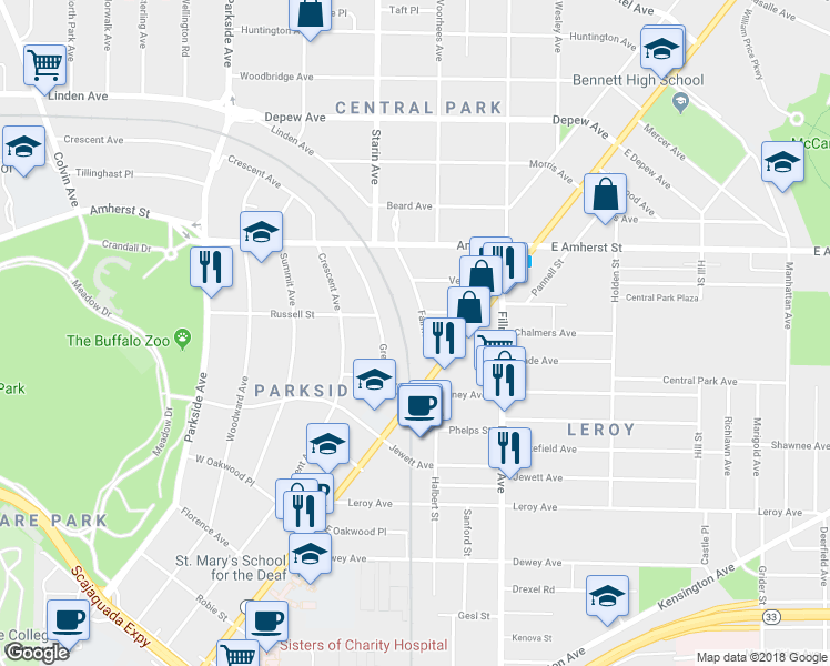 map of restaurants, bars, coffee shops, grocery stores, and more near 67 Greenfield Street in Buffalo