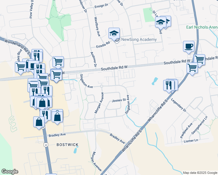 map of restaurants, bars, coffee shops, grocery stores, and more near 3217 Jinnies Way in London