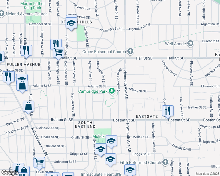 map of restaurants, bars, coffee shops, grocery stores, and more near 1656 Adams Street Southeast in Grand Rapids