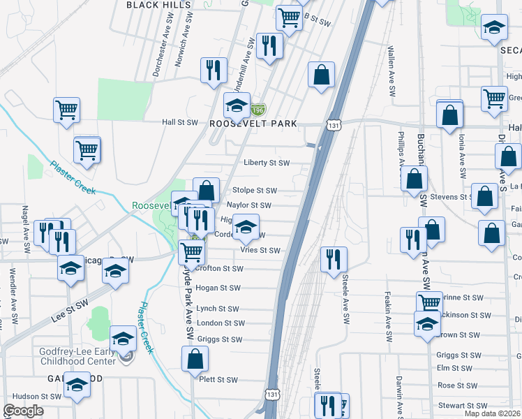 map of restaurants, bars, coffee shops, grocery stores, and more near 543 High Street Southwest in Grand Rapids