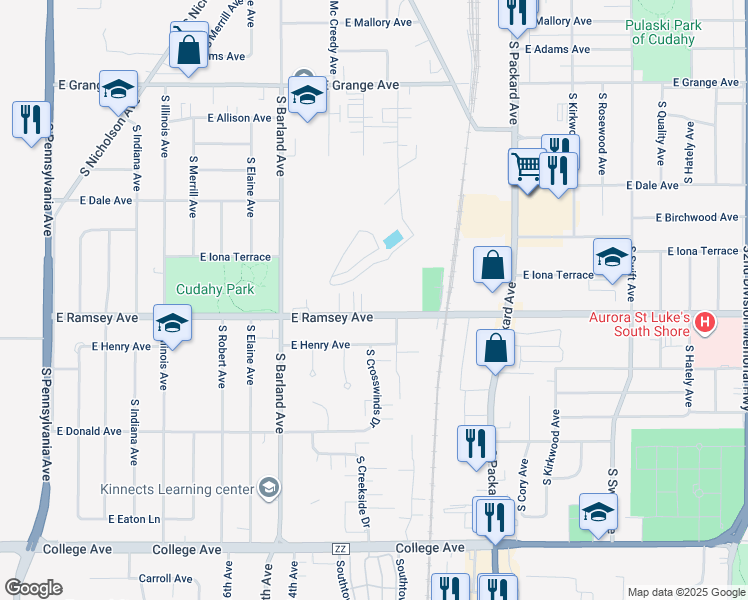map of restaurants, bars, coffee shops, grocery stores, and more near 3350 East Ramsey Avenue in Cudahy