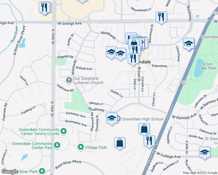map of restaurants, bars, coffee shops, grocery stores, and more near 6725 Daffodil Lane in Greendale
