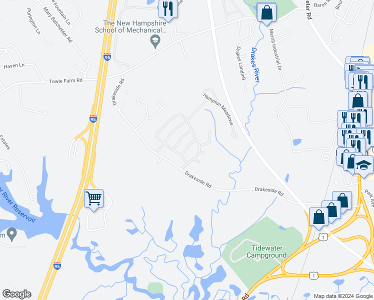 map of restaurants, bars, coffee shops, grocery stores, and more near 20 Hampton Meadows in Hampton
