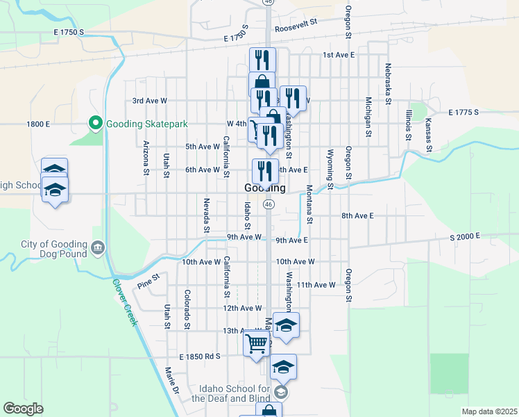 map of restaurants, bars, coffee shops, grocery stores, and more near 737 Main Street in Gooding