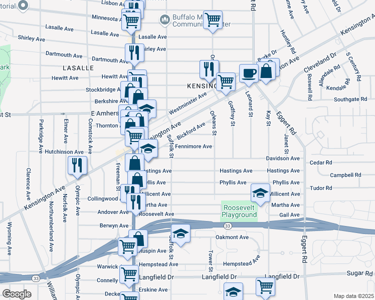 map of restaurants, bars, coffee shops, grocery stores, and more near 136 Davidson Avenue in Buffalo