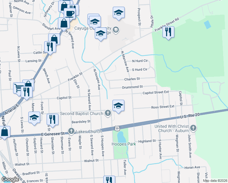 map of restaurants, bars, coffee shops, grocery stores, and more near 12 Drummond Street in Auburn