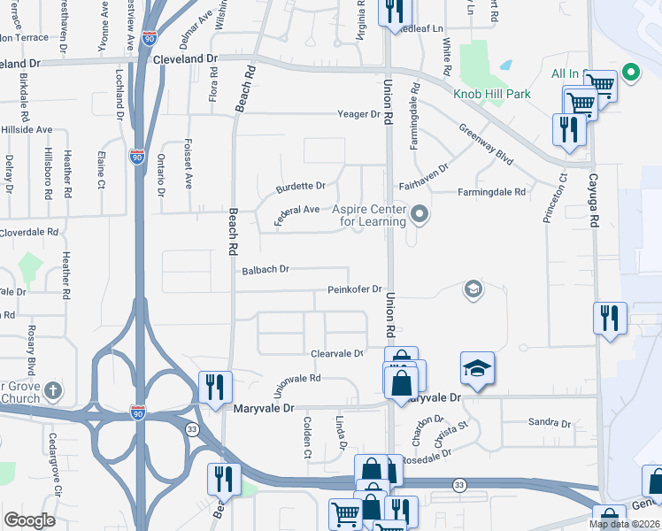map of restaurants, bars, coffee shops, grocery stores, and more near 101 Balbach Drive in Buffalo