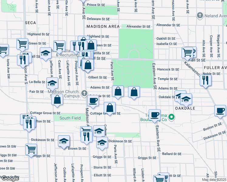map of restaurants, bars, coffee shops, grocery stores, and more near 1408 Paris Avenue Southeast in Grand Rapids