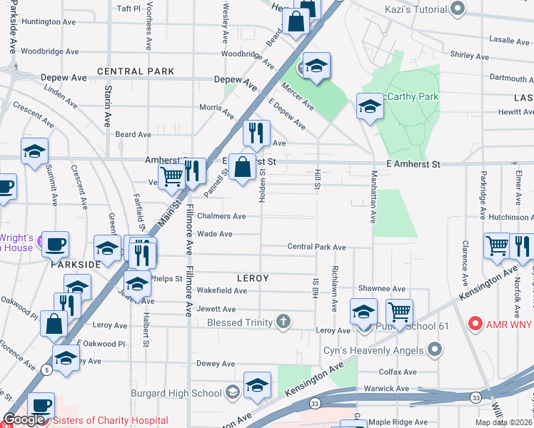 map of restaurants, bars, coffee shops, grocery stores, and more near 129 Holden Street in Buffalo