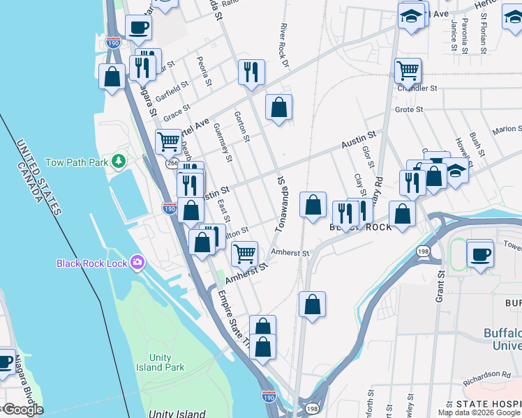 map of restaurants, bars, coffee shops, grocery stores, and more near 98 Thompson Street in Buffalo