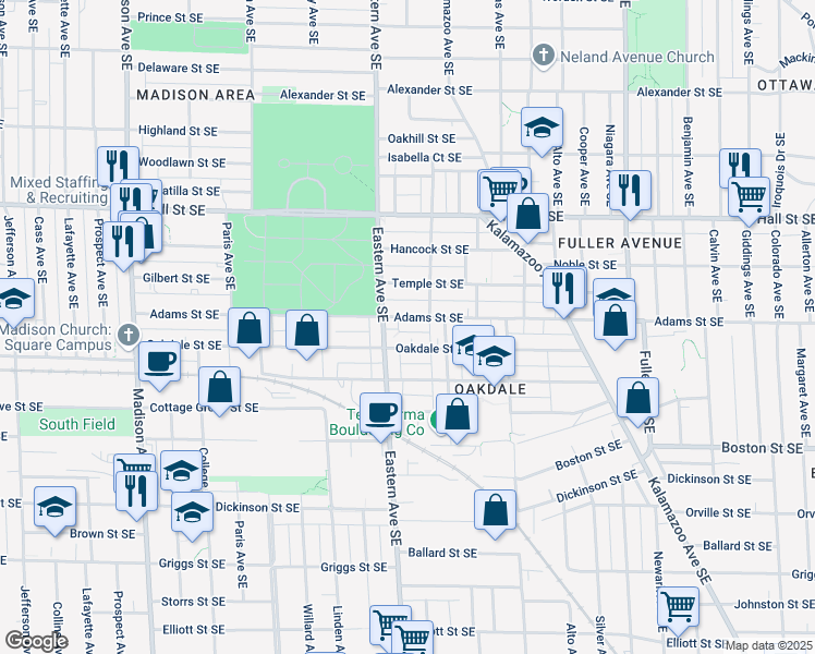 map of restaurants, bars, coffee shops, grocery stores, and more near 809 Oakdale Street Southeast in Grand Rapids