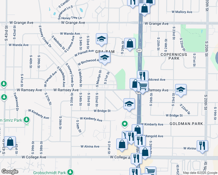 map of restaurants, bars, coffee shops, grocery stores, and more near 3035 West Ramsey Avenue in Greenfield
