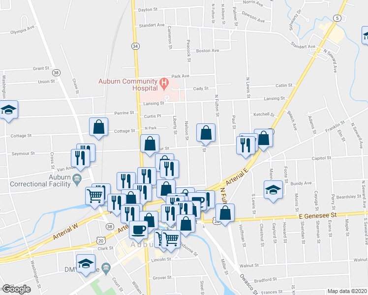 map of restaurants, bars, coffee shops, grocery stores, and more near 66 Seymour Street in Auburn