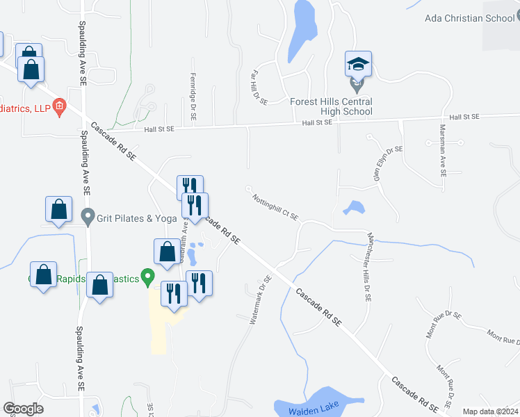 map of restaurants, bars, coffee shops, grocery stores, and more near 1361 Nottinghill Court Southeast in Grand Rapids