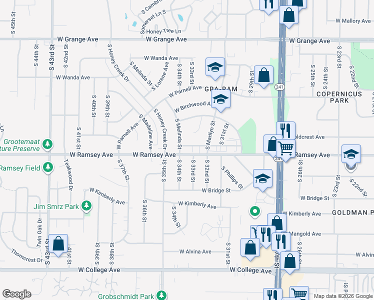 map of restaurants, bars, coffee shops, grocery stores, and more near 3301 West Ramsey Avenue in Greenfield