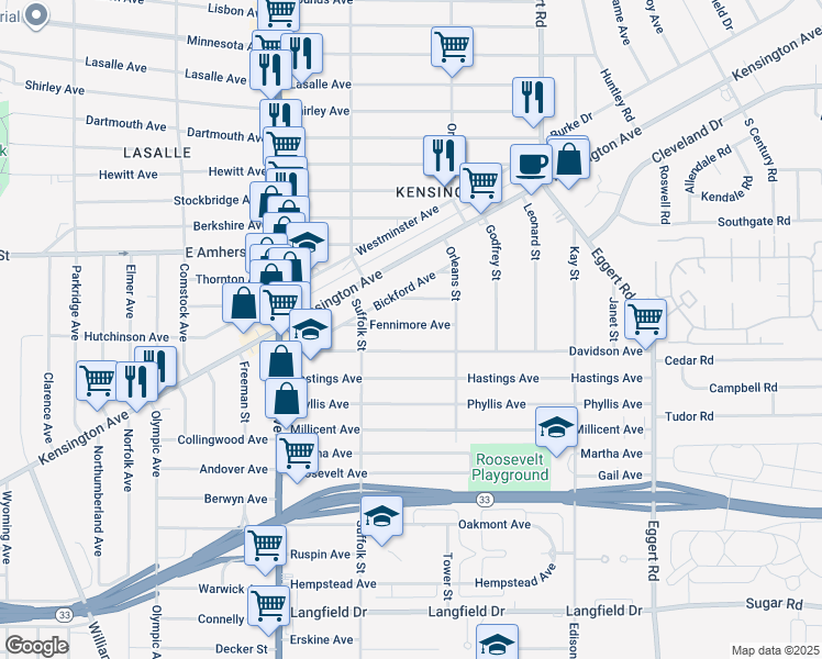 map of restaurants, bars, coffee shops, grocery stores, and more near 136 Davidson Avenue in Buffalo