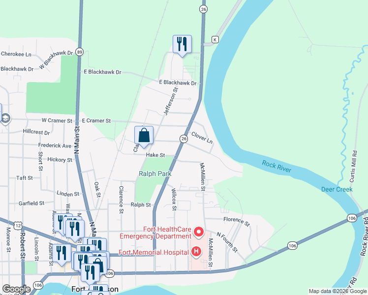 map of restaurants, bars, coffee shops, grocery stores, and more near 803 North High Street in Fort Atkinson