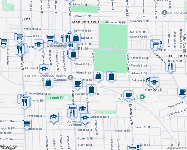 map of restaurants, bars, coffee shops, grocery stores, and more near 1408 Paris Avenue Southeast in Grand Rapids