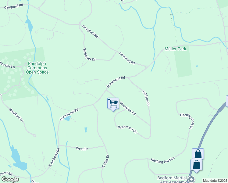 map of restaurants, bars, coffee shops, grocery stores, and more near 7 Westview Road in Bedford